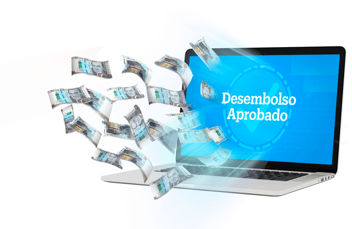 Imagen de una laptop arrojando billetes de su pantalla con el mensaje de Desembolso Aprobado